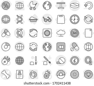 Editable thin line isolated vector icon set - percent, info, donut, baby stroller, dna vector, pill, bone, pacemaker, globe, watch, table, washing, cutting board, ring button, cd, reload, world