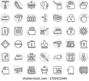 Editable thin line isolated vector icon set - hot drink, medical thermometer vector, air conditioning, toaster, hair dryer, corkscrew, fireplace, steam pan, kettle, cook glove, turk, gas oven, hob