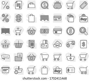 Editable thin line isolated vector icon set - cart, add to, basket, hand coin, money, credit card, account balance, purse, delete, shopping bag, sale, percent, atm receipt, dollar vector, arrow, new