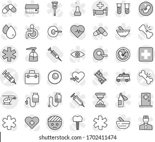 Editable thin line isolated vector icon set - doctor bag vector, medical cross, ambulance star, bandaged head, syringe, broken bone, helicopter, hospital, liquid soap, heart pulse, disabled, flask