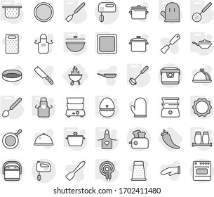 Editable thin line isolated vector icon set - bbq, pan, cauldron, colander, apron, cook glove, cutting board, egg timer, whisk, skimmer, spatula, big spoon, elecric oven, induction, salt pepper, hot