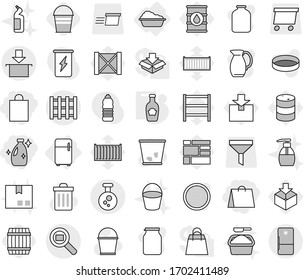 Editable thin line isolated vector icon set - shopping bag, cleanser, package, chemical, cargo search, pallet, washing, fridge, ketchup, barrel, bucket, vector, trash bin, liquid soap, powder, jug