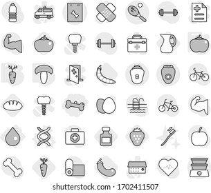 Editable thin line isolated vector icon set - bone, roentgen vector, tennis, drop, dna, mushroom, tomato, carrot, eggplant, pills bottle, jug, strawberry, bread, peas, tooth brush, egg, diet, bike