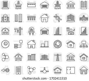Editable thin line isolated vector icon set - home, hospital vector, bridge, building, skyscrapers, skyscraper, bunker, garage, district, tower crane, plan, house, architector, office, electron, led