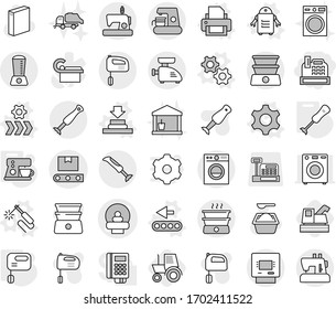 Editable thin line isolated vector icon set - cashbox, tomography vector, transporter tape, atm, gear, gears, press, welding, printer, conveyor, robot, mixer, blender, coffee maker, harvester