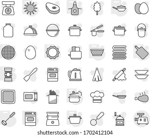 Editable thin line isolated vector icon set - pan, steam, colander, apron, cutting board, whisk, gas oven, induction, sieve, pasta, vector, camping cauldron, kettle, scales, cook hat, towel, press