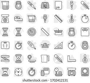 Editable thin line isolated vector icon set - scales, weight, medical thermometer vector, sand clock, ruler, heavy, warehouse, stopwatch, barometer, measuring cup, kitchen, handle, corner, big