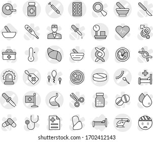 Editable thin line isolated vector icon set - dna vector, pipette, medical label, pill, pills bottle, blister, mortar, ambulance helicopter, sperm, stomach, liver, flag, syringe, alarm, bed, dropper