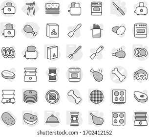 Editable thin line isolated vector icon set - chicken leg, bone vector, Chair for babies, toaster, big fork, knife, hob, plates, sieve, meal cap, cereals, pasta, steake, pancakes, potato, cheese