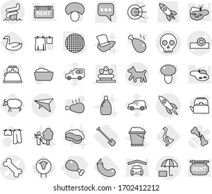 Editable thin line isolated vector icon set - chicken leg, head reflector vector, bone, skull, flower bed, insurance, rocket, deltaplane, aquapark, dog, satellite, sieve, sheep, shovel, goose, car