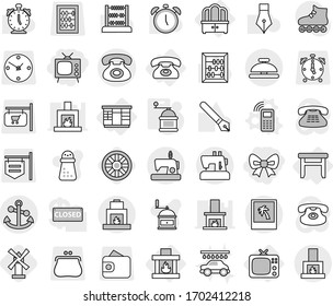 Editable thin line isolated vector icon set - bow, tv, phone, anchor, photo, service bell, wardrobe, dresser, stool, fireplace, mobile vector, hand mill, wheel, windmill, car wash, pen, alarm clock