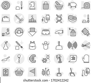 Editable thin line isolated vector icon set - dollar coin, remove from basket, shopping list, donut, mortar vector, sperm, surgical clamp, measuring tape, stadium, palm, wireless, magnetic field