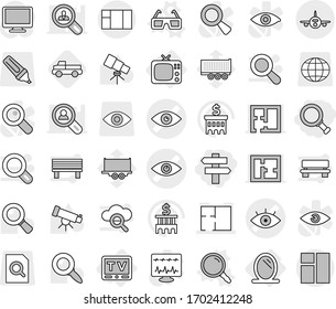 Editable thin line isolated vector icon set - magnifier, singlepost, eye vector, plan, plane, mirror, tv, 3d glasses, pickup, telescope, bank building, truck trailer, search document, globe, marker