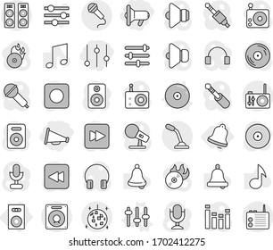 Editable thin line isolated vector icon set - equalizer, megafon, loudspeaker, disco ball, speaker, bell, setup vector, cd, music, disk, hit, microphone, radio, headphones, forward button, backward
