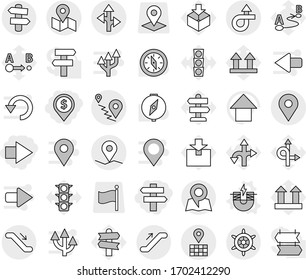 Editable thin line isolated vector icon set - dollar pin, right arrow, singlepost, trip, geo, map, route, escalator, signpost, handwheel, electric magnet vector, compass, up, traffic light, top sign