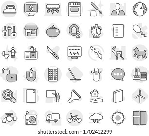 Editable thin line isolated vector icon set - unlock, store, pills blister vector, greate wall, bike, dog, shop, water tap, magnet, cutting board, rake, windmill, sun, tomato, scraper, house hold