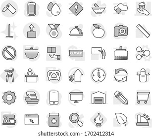 Editable thin line isolated vector icon set - real estate, label, baggage, cruise ship, Chair for babies, share vector, cauldron, coffee maker, pretzel, fire, rake, apron, dish, pencil, blackboard