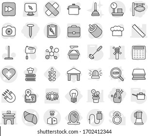 Editable thin line isolated vector icon set - shop signboard, nail, cleanser, heart cross vector, medical patch, dropper, liver, doctor, arch, windmill, ruler, clipboard pen, warehouse scales, bulb