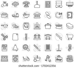 Editable thin line isolated vector icon set - link vector, mop, scoop, clothespin, sponge, water tap, vacuum cleaner, washing machine, pan, cutting board, oven, double boiler, glasses, bell, bank