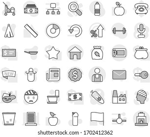 Editable thin line isolated vector icon set - workman, cleaner trolley vector, trash bin, toilet, cleaning agent, pan, apron, towel, cereal, ruler, apple fruit, flag, pie graph, percent growth, undo