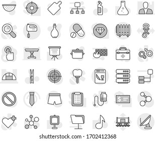 Editable thin line isolated vector icon set - greenhouse, clothespin vector, cleaning agent, pan, oil, colander, cutting board, presentation, music, molecule, flask, tie, shorts, target, pills