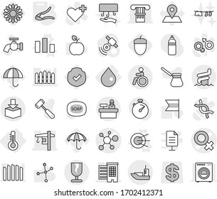 Editable thin line isolated vector icon set - female sign vector, virus, column, houses, tower crane, sea shipping, fragile, package, aquapark, invalid, reception, thermometer, drop, satellite, soap