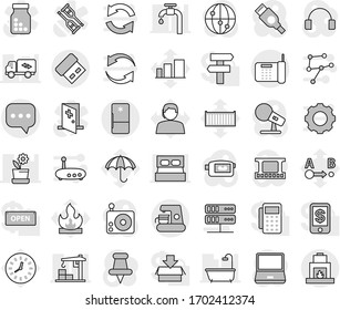 Editable thin line isolated vector icon set - sms, support vector, sea container, clock, umbrella, sorting, flammable, route, film frame, microphone, radio, video camera, internet, headphones, hdmi