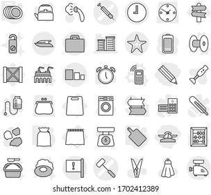 Editable thin line isolated vector icon set - pencil, scales, doctors hammer vector, syringe, district, important flag, clock, sorting, suitcase, starfish, yacht, curtain, cutting board, factory