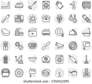 Editable thin line isolated vector icon set - ruler, pencil, consolidated cargo, remote control, bath, iron, gears vector, factory, satellite antenna, web camera, saute pan, whisk, rolling pin, dish