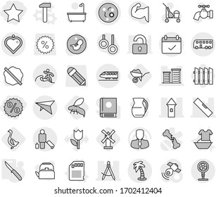 Editable thin line isolated vector icon set - percent, star, microbe vector, tower, draw compass, district, level, terms, train, bus, deltaplane, passenger, palm, surfer, heart pendant, sd card, jug