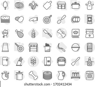 Editable thin line isolated vector icon set - broken bone vector, spikelets, fridge, stands for knives, pan, apron, chef knife, spices, plates, pasta, pancakes, sickle, corn, jug, camping cauldron