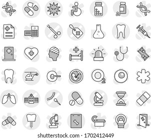 Editable thin line isolated vector icon set - medical label vector, pill, pills bottle, microscope, hospital, ambulance helicopter, sperm, tooth, implant, lungs, virus, roentgen, surgical clamp, dna