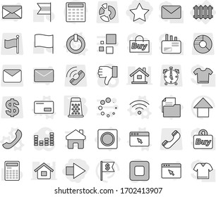 Editable thin line isolated vector icon set - star, right arrow, radiator, ring button, on off vector, envelope, phone, wireless, browser window, grater, calculator, flag, up, dollar, document, call