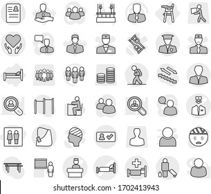 Editable thin line isolated vector icon set - wc, hospital bed vector, anamnesis, broken hand, health care, doctor, recieption, client, security man, tourist, check in, passenger, Chair for babies