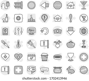 Editable thin line isolated vector icon set - dollar pin, left arrow, equalizer, medical cross vector, crutch, monitor pulse, dropper, hat, location details, important flag, ring button, laser, beet