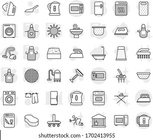 Editable thin line isolated vector icon set - bath, iron, washing machine, vacuum cleaner, colander, apron, gas oven, fridge, sieve, scraper vector, scoop, sponge, steaming, drying clothes, sink