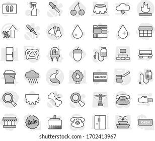 Editable thin line isolated vector icon set - market, magnifier, stomach vector, fountain, stadium, flammable, flippers, led, turk, pretzel, rain cloud, cherry, udder, acorn, water drop, welcome mat