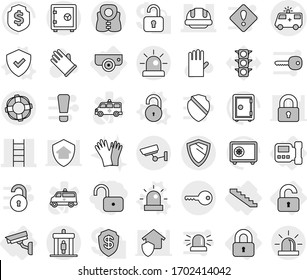 Editable thin line isolated vector icon set - unlock, ambulance car vector, stairs, building helmet, detector, surveillance, key, safe, shield, life vest, lifebuoy, locked, unlocked, intercome, lock