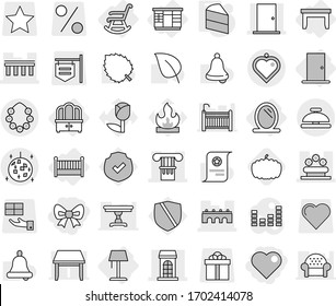 Editable thin line isolated vector icon set - bow, heart, column, bridge, building, door, flower bed, hawaiian wreath, disco ball, pendant, service bell, mirror, table, wardrobe, dresser, crib, cake