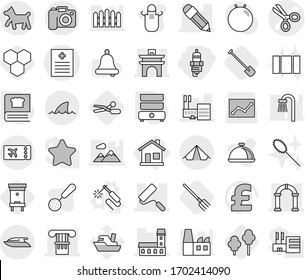 Editable thin line isolated vector icon set - spark plug, scissors vector, recipe, column, mansion, arch, pencil, mall, repair, ticket, tent, camera, dog, yacht, shark flipper, home, welding, trees