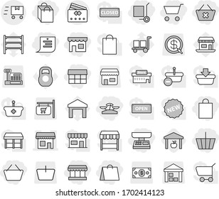 Editable thin line isolated vector icon set - cart, basket, delete, shop, market, scales, shopping list, bag, cargo stoller, fast deliver, credit card, warehouse, office vector, weight, shelving