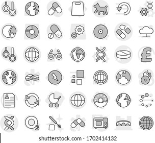 Editable thin line isolated vector icon set - donut, baby stroller, dna vector, pill, bridge, globe, earth, dog, electricity, cutting board, edit, cd, grill oven, reload, toilet brush, glasses, gear
