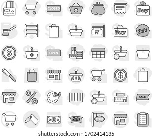 Editable thin line isolated vector icon set - cart, purse, delete, shop, store, market, shopping bag, sale, percent, bar code, atm receipt, signboard, label, basket, turk, pen vector, dollar coin