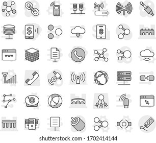 Editable thin line isolated vector icon set - mobile pay, phone, bridge, wireless, share vector, connect, cloud service, web camera, router, antenna signal, molecule, satellitie, social media, link