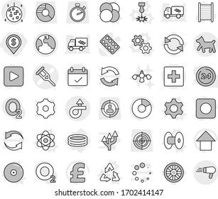 Editable thin line isolated vector icon set - dollar pin, crutch vector, trip, terms, earth, disco ball, first aid, dog, inflatable pool, gear, gears, atom, core, coil, laser, recycle, cd, wheel