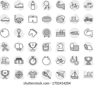 Editable thin line isolated vector icon set - t shirt, bike, stopwatch, car baggage, deltaplane, motorcycle, diving mask, tennis, yacht, inflatable pool, horse, award cup vector, stadium, jump rope