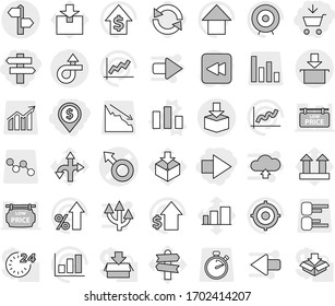 Editable thin line isolated vector icon set - add to cart, dollar pin, right arrow, singlepost, male sign vector, trip, signpost, package, chart, reload, graph, percent growth, target, up, route