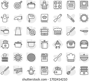 Editable thin line isolated vector icon set - bbq, pan, cauldron, saute, colander, cook hat, chief, apron, glove, whisk, spatula, big spoon, toaster, gas oven, induction, cooking book, sieve, vector