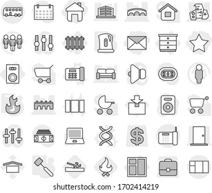 Editable thin line isolated vector icon set - home, star, mail, bridge, modern architecture, door, bus, chest of drawers, speaker, radiator, window, office phone vector, dna, kettle, meat hammer