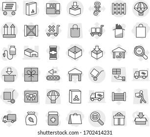 Editable thin line isolated vector icon set - gift, shopping bag, box, delivery, cargo stoller, warehouse, consolidated, trolley, top sign, package, search, pallet, parachute, conveyor vector, pasta